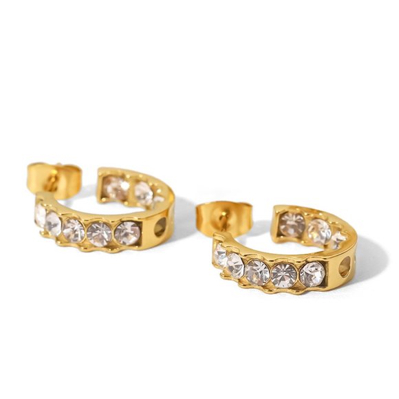 Inlaid Full Zircon CC Shape Huggie Hoop Earrings 18K Gold Plated Stainless Steel - Picture 5 of 8